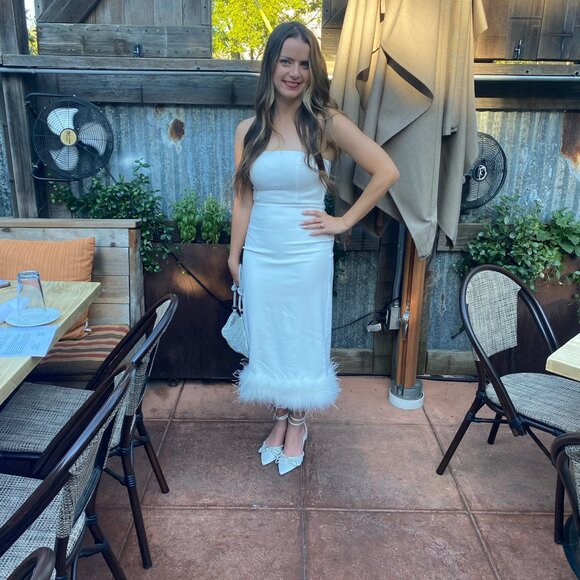 Lulus Feather Late Than Never White Strapless Feather Midi Dress Small - Picture 2 of 5
